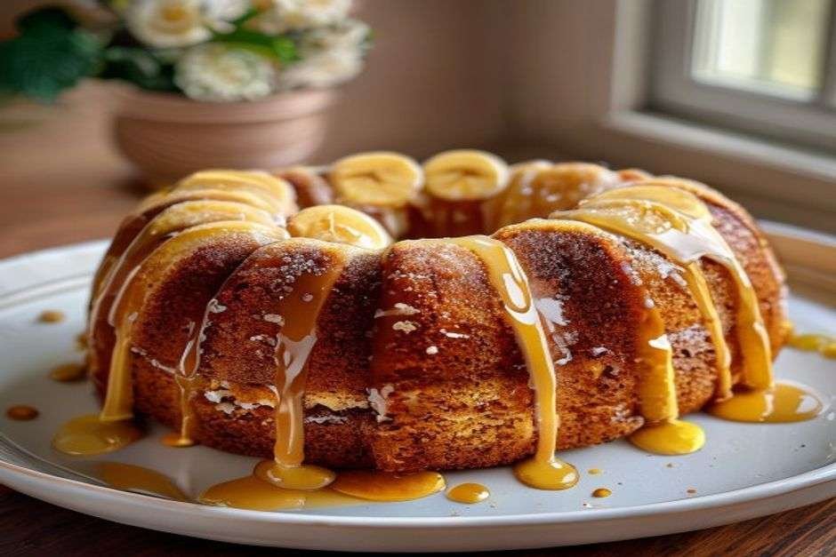 Brown butter banana bundt cake with glaze dripping down the sides
