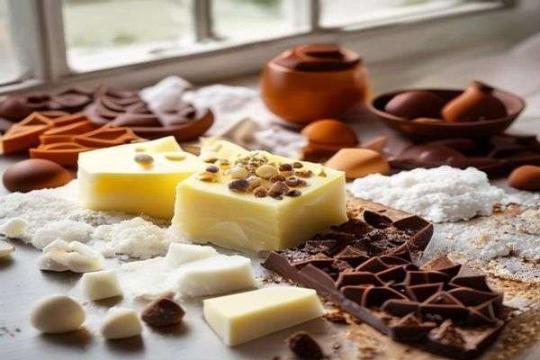 Ingredients laid out: butter, sugars, flour, eggs, chocolate chips and toffee bits
