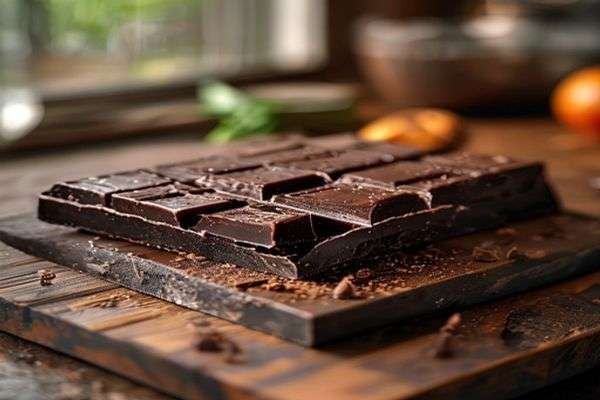 Chopped dark chocolate on a board