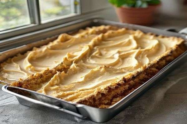 Cake batter spread in a rectangular tin
