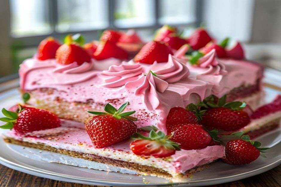 Strawberry sheet cake with pink frosting and fresh strawberries